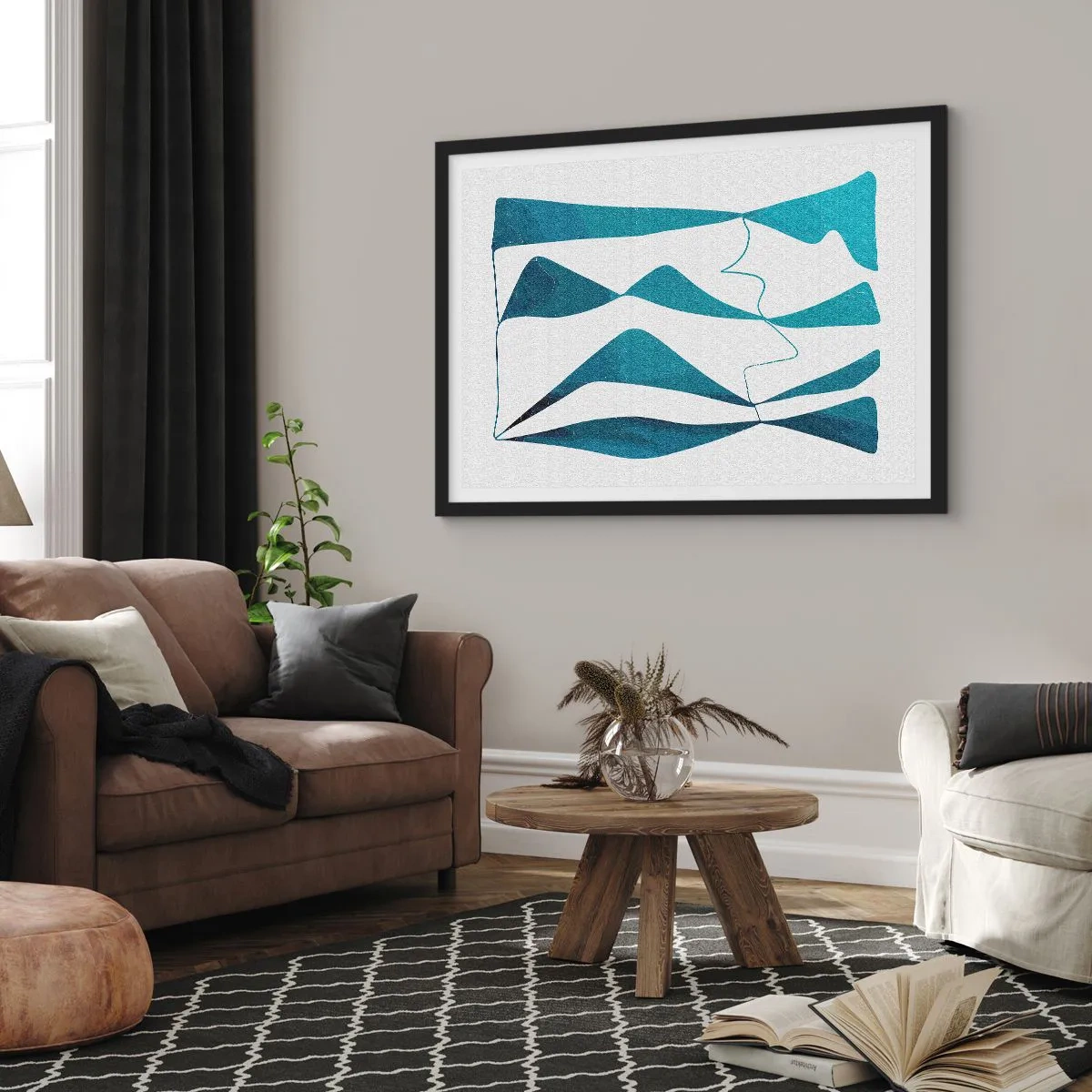 Affiche dans un cadre noir - Poster - Formes abstraites dans des tons de bleu sur fond blanc - 70x50cm - Abstraction : composé turquoise - Décoration murale moderne pour le salon et la chambre ARTTOR