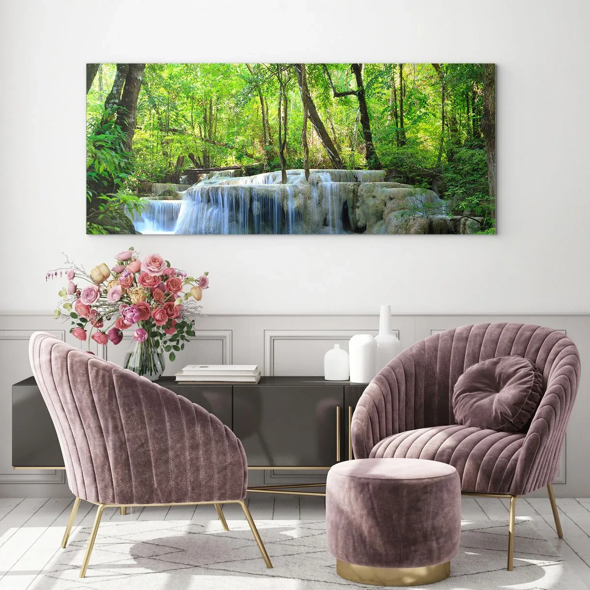 Impression sur verre - Image sur verre - Une cascade parmi des arbres verts avec de l'eau bleue dans un cadre naturel - 140x50cm - Se noyer dans le turquoise et le vert - Décoration murale moderne pour le salon et la chambre ARTTOR