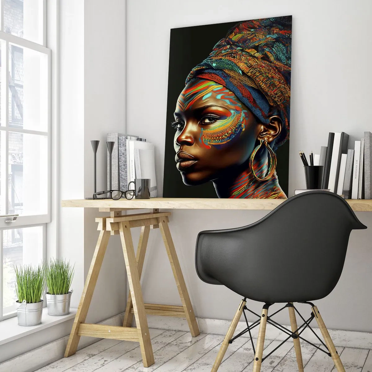 Impression sur verre - Image sur verre - Portrait d'une femme avec une peinture colorée et un turban - 50x70cm - reine africaine - Décoration murale moderne pour le salon et la chambre ARTTOR