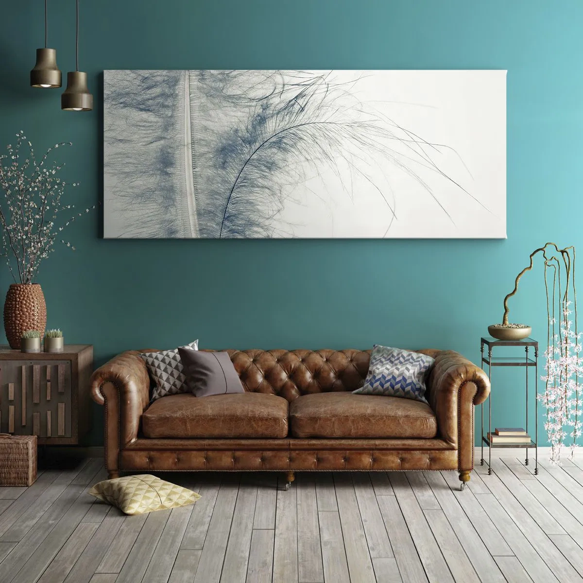 Impression sur toile - Image sur toile - Une plume délicate aux tons pastel sur fond clair - 160x50cm - Les sept natures - Décoration murale moderne pour le salon et la chambre ARTTOR