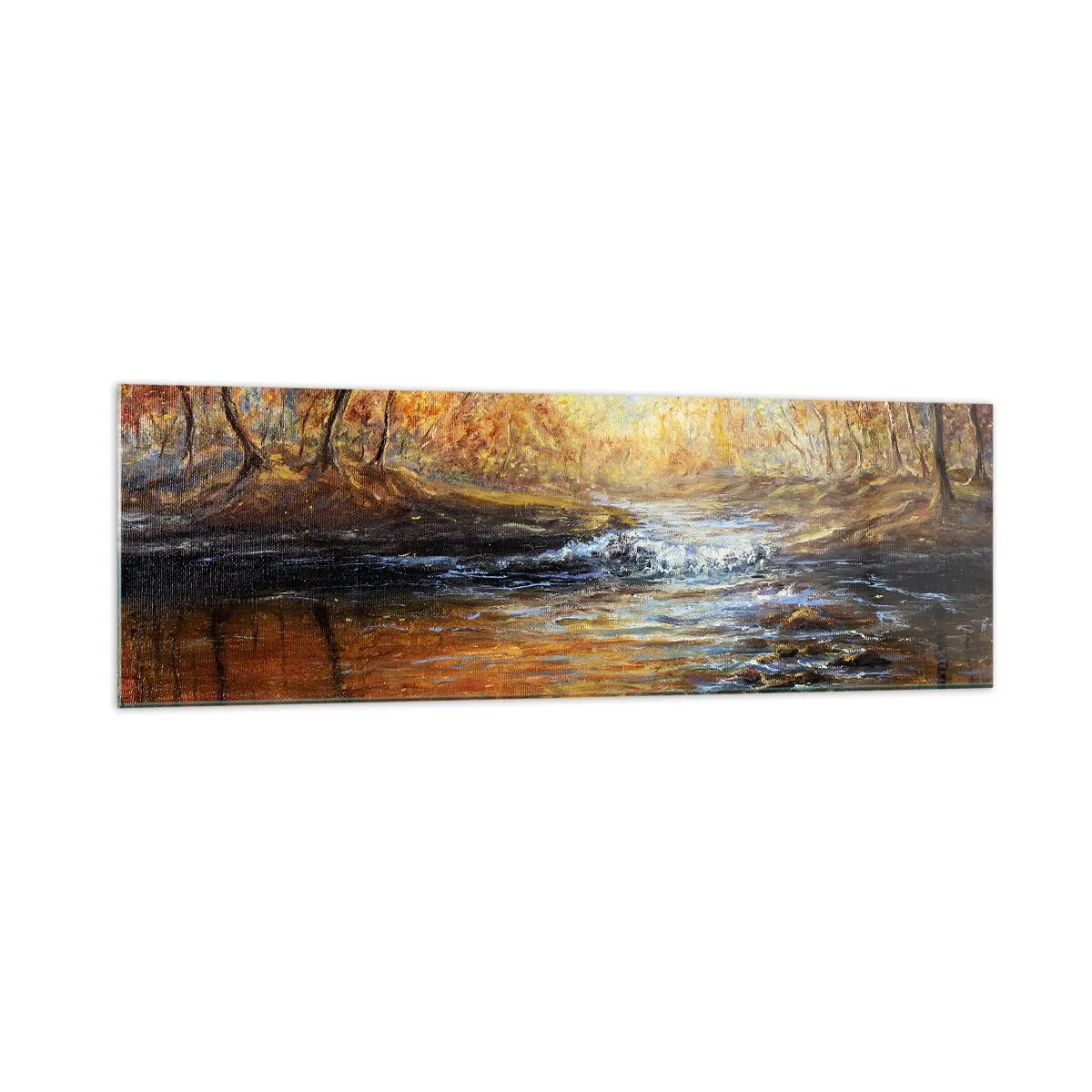Impression sur verre - Image sur verre - Paysage d'automne avec une rivière parmi les arbres - 160x50cm - Le ruisseau d'or - Décoration murale moderne pour le salon et la chambre ARTTOR