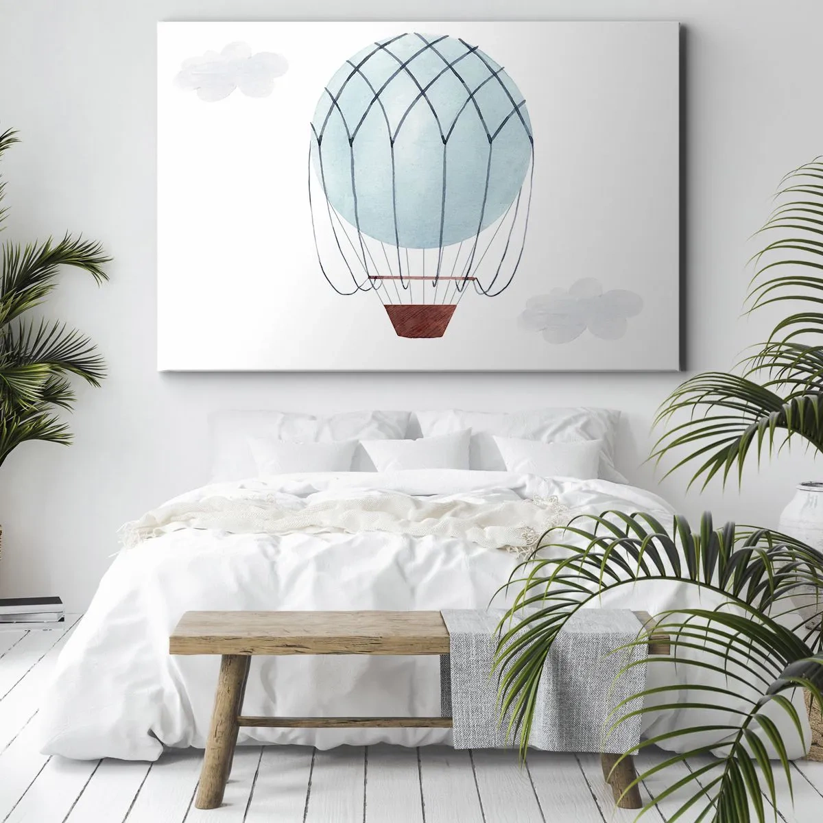 Impression sur toile - Image sur toile - Un ballon peint à la main sur fond de nuages délicats. - 120x80cm - Entièrement dans les nuages - Décoration murale moderne pour le salon et la chambre ARTTOR