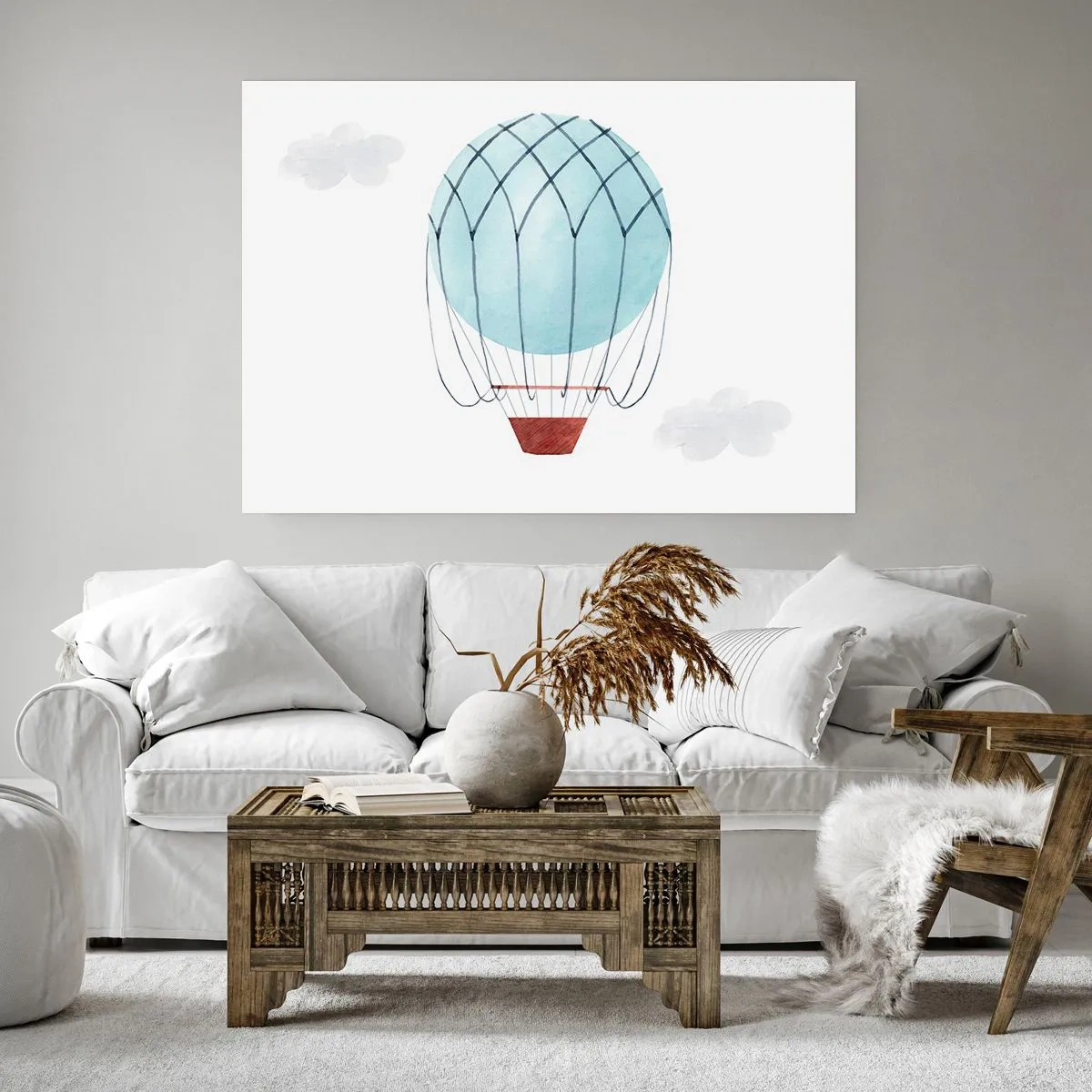 Affiche - Poster - Un ballon peint à la main sur fond de nuages délicats. - 100x70cm - Entièrement dans les nuages - Décoration murale moderne pour le salon et la chambre ARTTOR