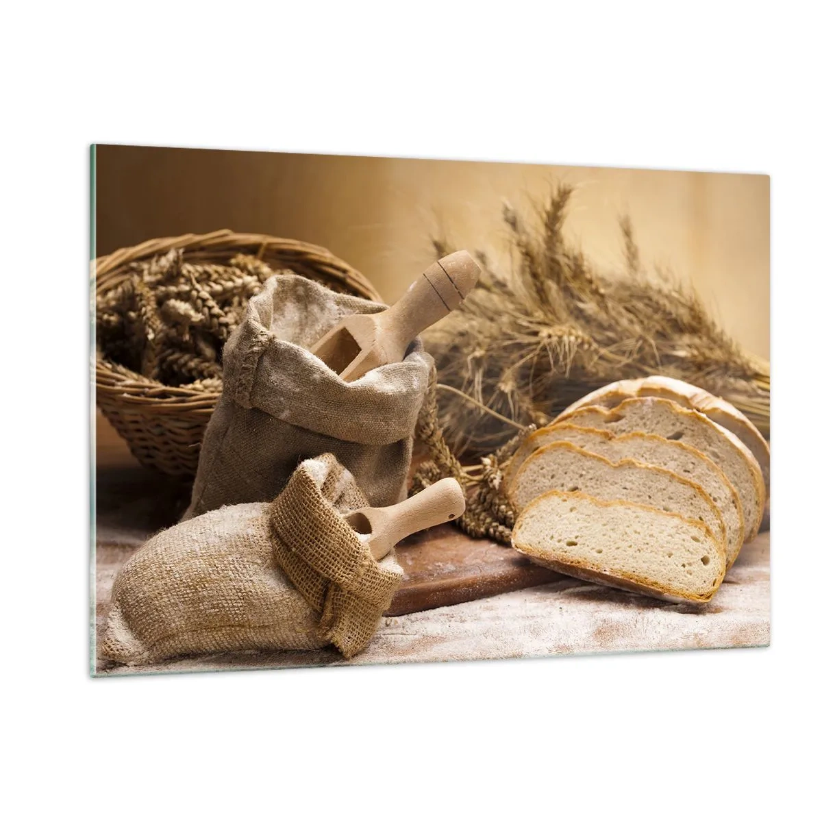 Impression sur verre - Image sur verre - Pain, farine et épis de céréales dans un style rustique - 120x80cm - Comment il coupe avec un couteau - Décoration murale moderne pour le salon et la chambre ARTTOR