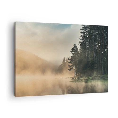 Impression sur toile - Image sur toile - Une forêt brumeuse sur un lac calme - 70x50cm - Naissance du jour - Décoration murale moderne pour le salon et la chambre ARTTOR