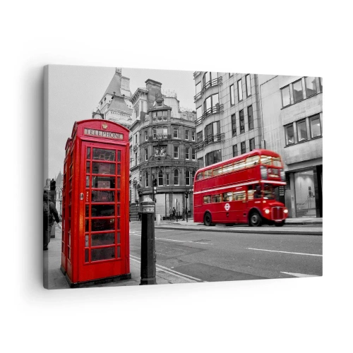 Impression sur toile - Image sur toile - Une cabine téléphonique rouge et un bus à impériale à Londres avec la ville en arrière-plan - 70x50cm - Le plus rouge d'Europe - Décoration murale moderne pour le salon et la chambre ARTTOR