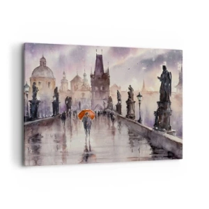 Impression sur toile - Image sur toile - Vue romantique d'un pont avec un parapluie sur fond de ville en soirée - 100x70cm - Les gens ne changent pas - Décoration murale moderne pour le salon et la chambre ARTTOR