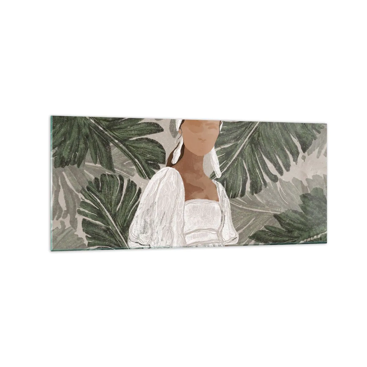 Impression sur verre - Image sur verre - Portrait d'une femme en robe blanche sur fond de feuilles de monstera - 120x50cm - Portrait exotique - Décoration murale moderne pour le salon et la chambre ARTTOR