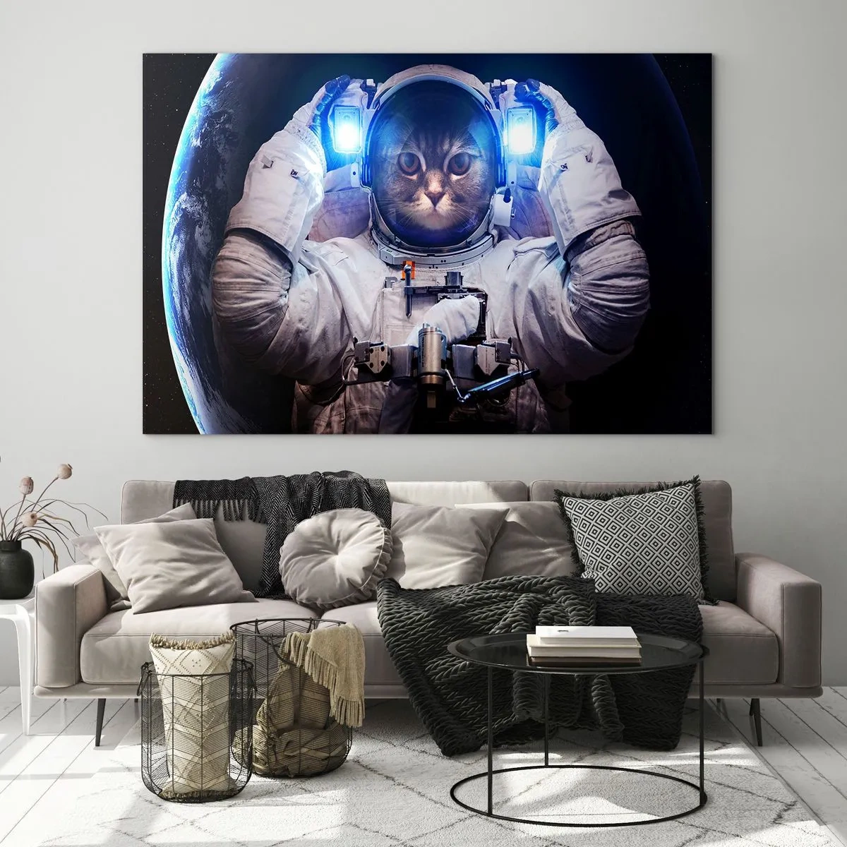 Impression sur verre - Image sur verre - Un cosmonaute à tête de chat dans l'espace - 120x80cm - Houston, vous avez un problème - Décoration murale moderne pour le salon et la chambre ARTTOR