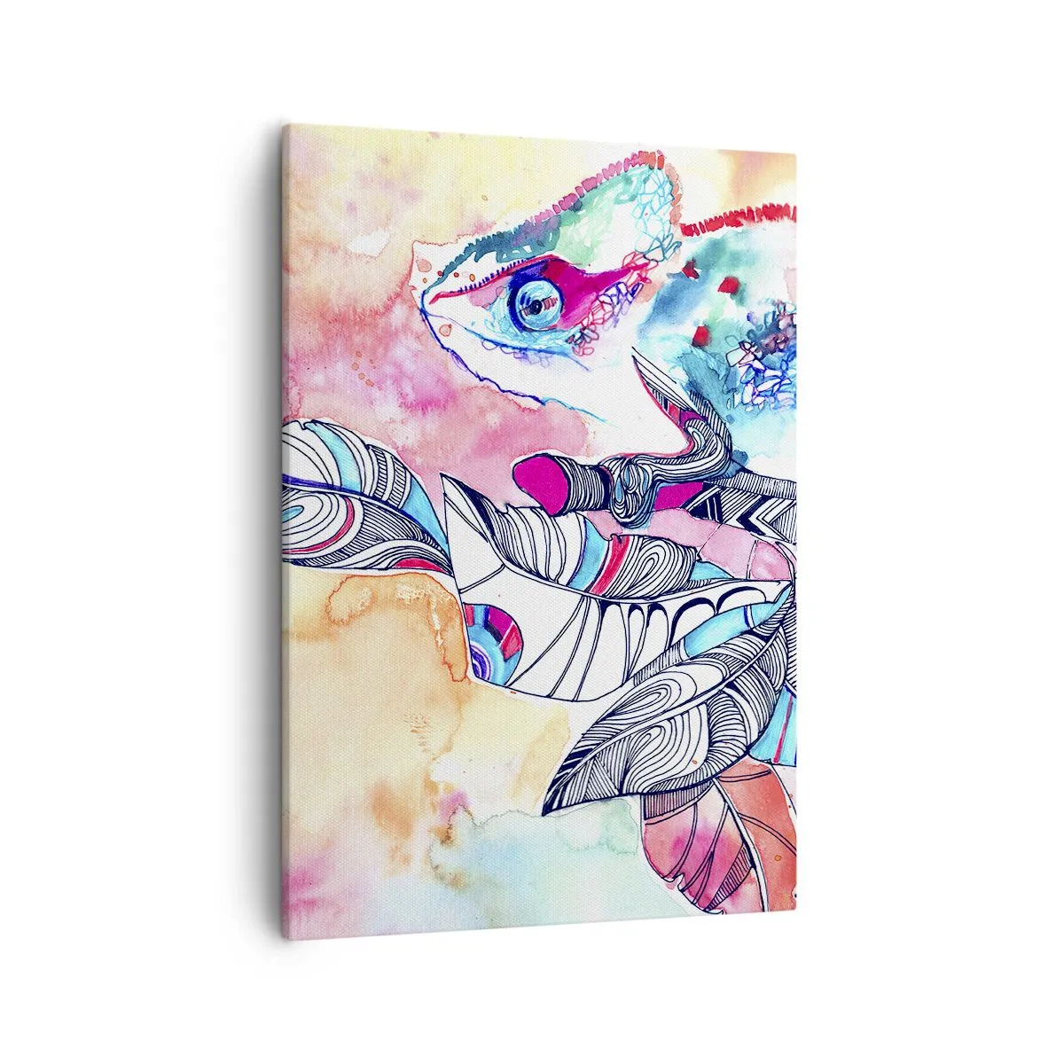 Impression sur toile - Image sur toile - Caméléon coloré sur fond de feuilles abstraites - 50x70cm - Aussi coloré que notre monde - Décoration murale moderne pour le salon et la chambre ARTTOR