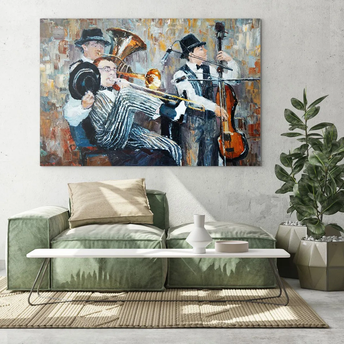 Impression sur verre - Image sur verre - Un groupe de jazz dans une scène impressionniste atmosphérique - 70x50cm - C'est tout le Jazz - Décoration murale moderne pour le salon et la chambre ARTTOR