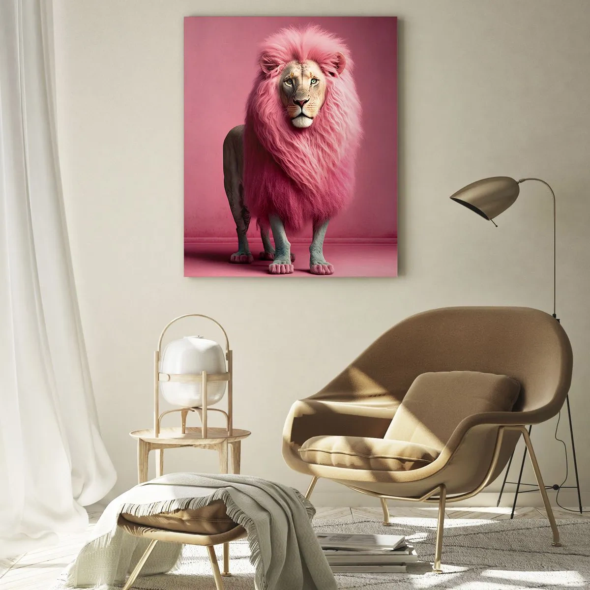 Impression sur verre - Image sur verre - Un lion rendu artistiquement avec une crinière rose sur un fond rose - 80x120cm - Et tu n'as plus peur - Décoration murale moderne pour le salon et la chambre ARTTOR