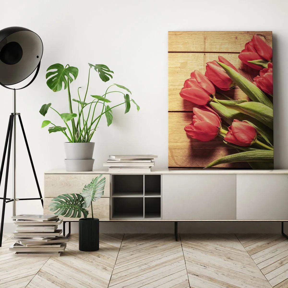 Impression sur toile - Image sur toile - Un bouquet de tulipes roses sur un fond en bois - 70x100cm - Défi du printemps - Décoration murale moderne pour le salon et la chambre ARTTOR
