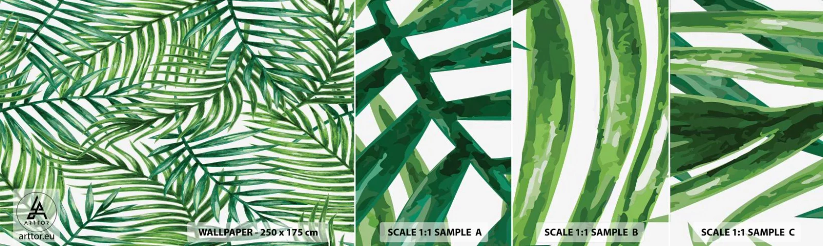 Échantillon de Papier Peint Autocollant Deluxe Sticker - Sous la canopée verte - Abstraction, Feuille de palmier, Cocotier - 100x30 cm