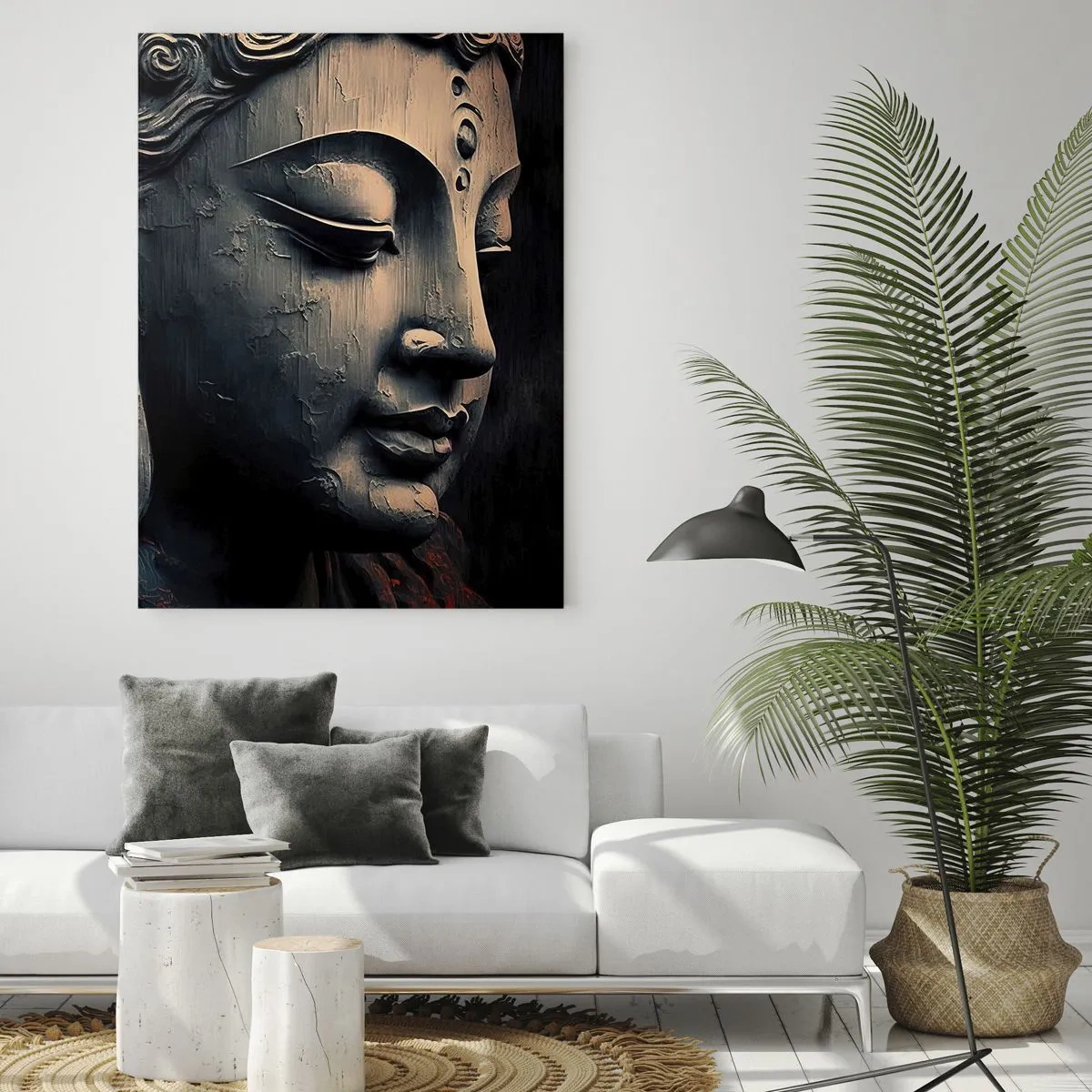 Impression sur verre - Image sur verre - Profil d'une figure méditante avec une fleur rouge sur un fond sombre. - 50x70cm - En harmonie avec le monde - Décoration murale moderne pour le salon et la chambre ARTTOR