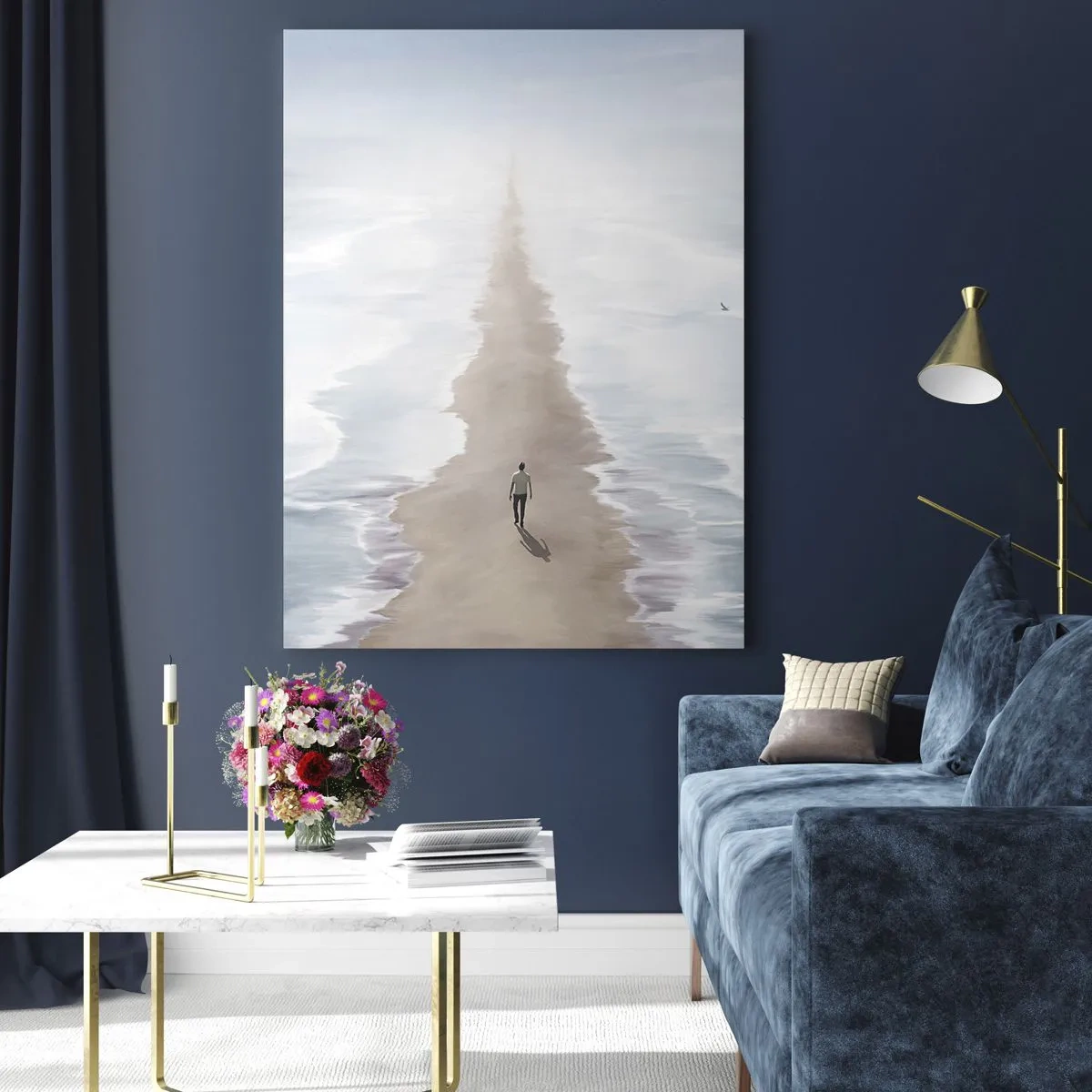 Impression sur verre - Image sur verre - Une silhouette marchant seule vers l'horizon parmi les vagues - 50x70cm - Un brillant avenir - Décoration murale moderne pour le salon et la chambre ARTTOR