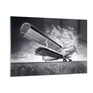 Impression sur verre - Image sur verre - Une photographie en noir et blanc d'un avion sur fond de ciel dramatique. - 120x80cm - Le pèlerin ailé - Décoration murale moderne pour le salon et la chambre ARTTOR