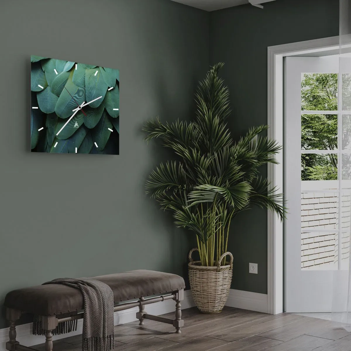 Horloge murale - Pendule murale - Détail de plumes dans des tons de vert - 30x30cm - Perfection de la nature du perroquet - Décoration murale moderne pour le salon et la chambre ARTTOR