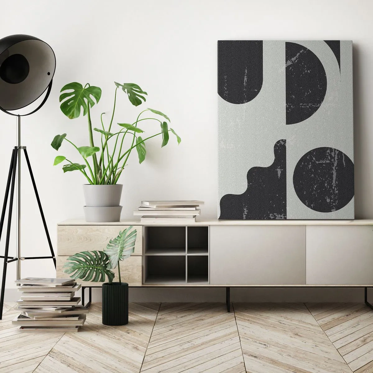 Impression sur toile - Image sur toile - Motifs géométriques dans les tons de noir et de gris - 50x70cm - Composition dessus et dessous - Décoration murale moderne pour le salon et la chambre ARTTOR