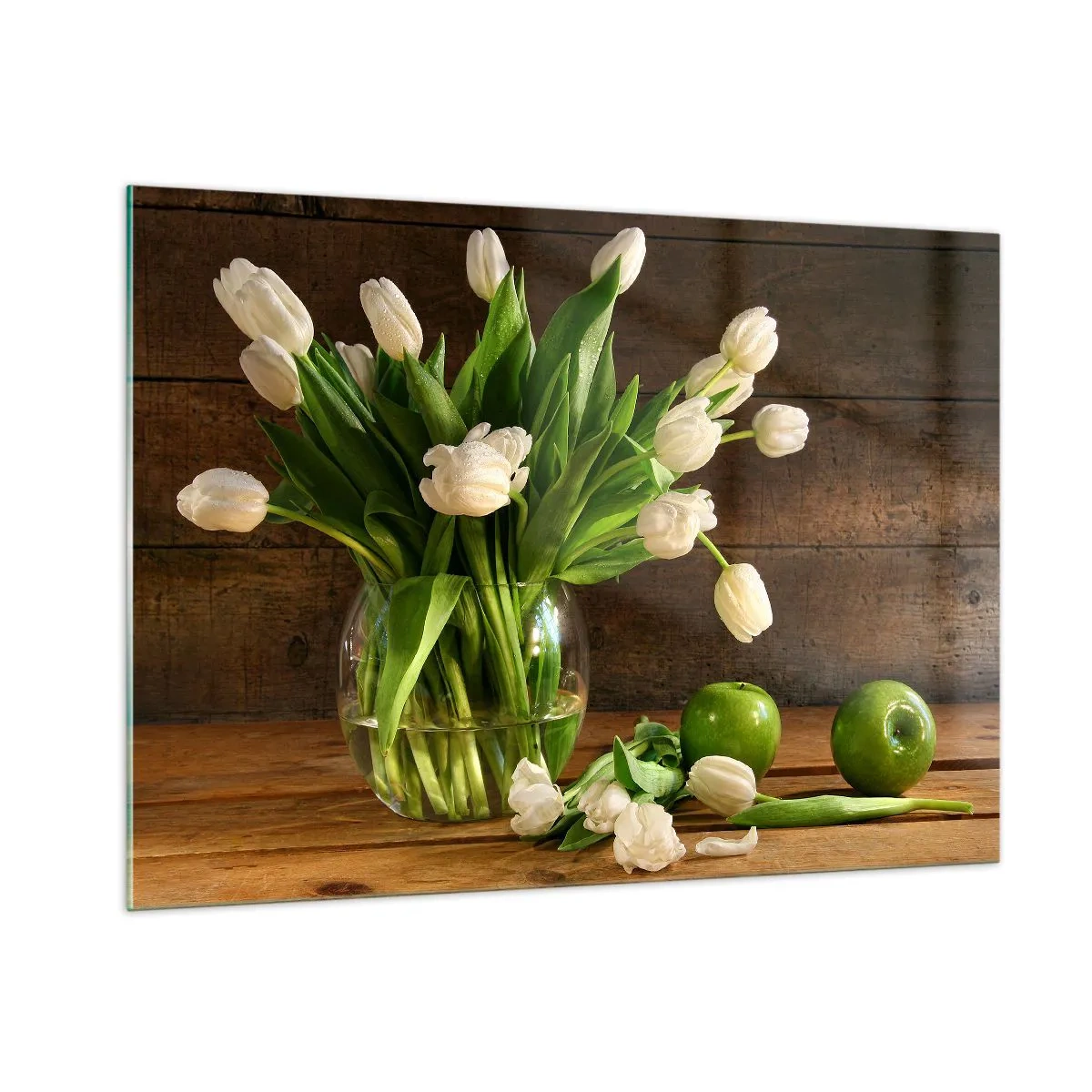 Impression sur verre - Image sur verre - Un vase de tulipes blanches et de pommes vertes sur une table en bois - 100x70cm - Juteux et frais en vert et blanc - Décoration murale moderne pour le salon et la chambre ARTTOR