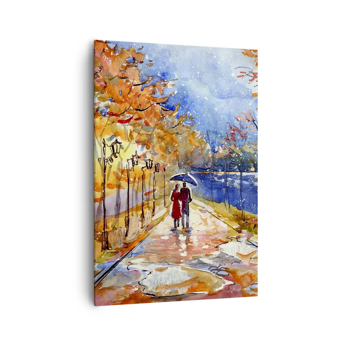 Impression sur toile - Image sur toile - Une promenade d'automne dans le parc au bord de la rivière sous un parasol - 70x100cm - Ensemble jusqu'au bout du temps - Décoration murale moderne pour le salon et la chambre ARTTOR