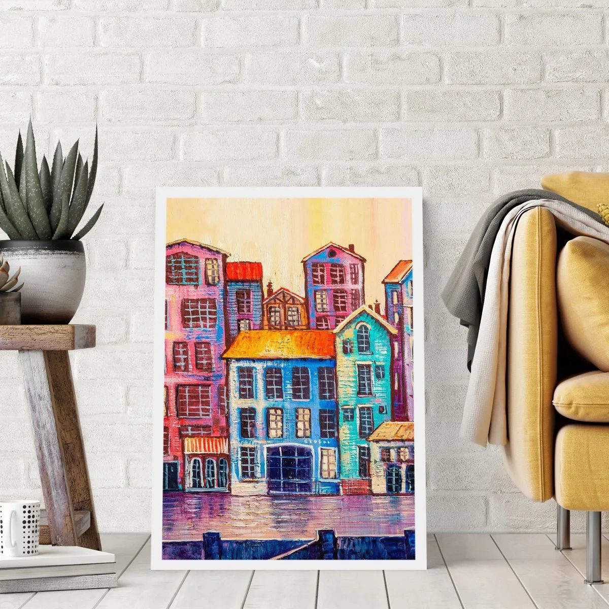 Affiche - Poster - Maisons colorées au bord de l'eau dans un style pictural - 50x70cm - Une ville comme dans un conte de fées - Décoration murale moderne pour le salon et la chambre ARTTOR