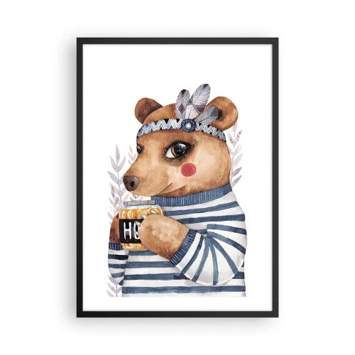 Affiche dans un cadre noir - Poster - Un charmant ours en peluche dans un sweat-shirt marin avec une tasse dans ses mains - 50x70cm - Un nounours trop mignon - Décoration murale moderne pour le salon et la chambre ARTTOR