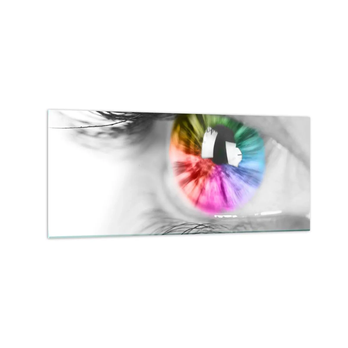 Impression sur verre - Image sur verre - Prise de vue artistique d'un œil avec un iris arc-en-ciel sur fond gris - 120x50cm - Regarde le monde en couleur - Décoration murale moderne pour le salon et la chambre ARTTOR