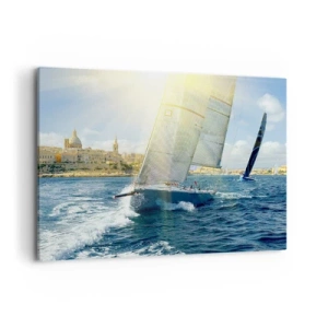 Impression sur toile - Image sur toile - Course de yachts sur fond de côte ensoleillée - 100x70cm - Il est temps de quitter la ville - Décoration murale moderne pour le salon et la chambre ARTTOR
