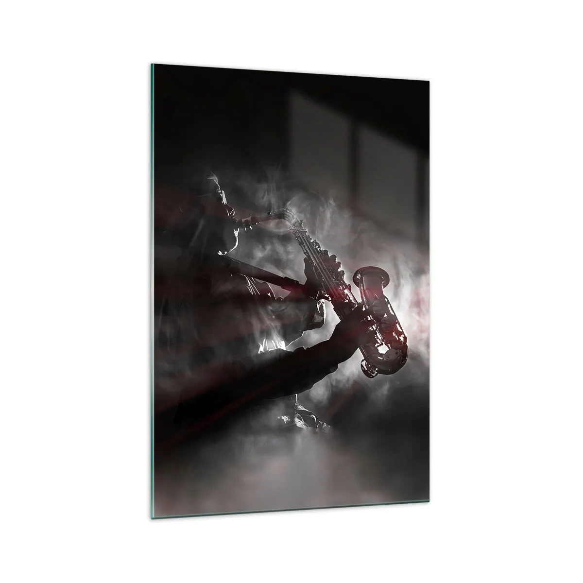 Impression sur verre - Image sur verre - Saxophoniste en fumée sur scène en noir et rouge atmosphérique - 70x100cm - Dans les brumes du jazz - Décoration murale moderne pour le salon et la chambre ARTTOR