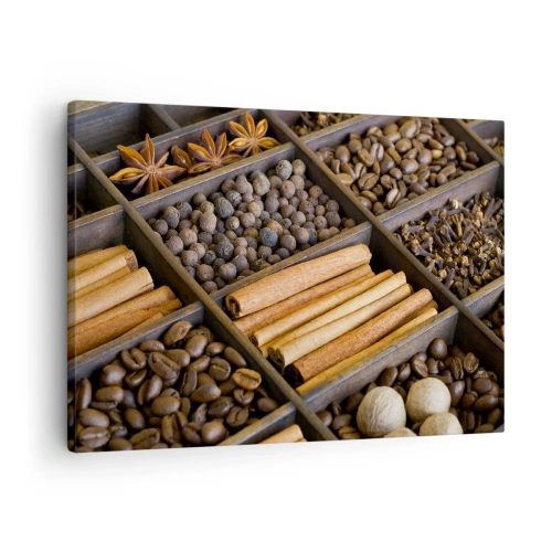 Impression sur toile - Image sur toile - Épices et café dans des compartiments en bois - 70x50cm - Trésor d'arômes - Décoration murale moderne pour le salon et la chambre ARTTOR