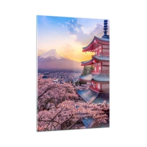 Impression sur verre - Image sur verre - Une pagode dans un paysage japonais surplombant le mont Fuji et des arbres en fleurs - 50x70cm - Essence d'âme japonnaise - Décoration murale moderne pour le salon et la chambre ARTTOR
