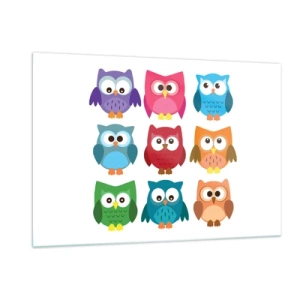 Impression sur verre - Image sur verre - Hiboux colorés dans un style dessin animé sur fond blanc - 120x80cm - C'est amusant d'être différent - Décoration murale moderne pour le salon et la chambre ARTTOR
