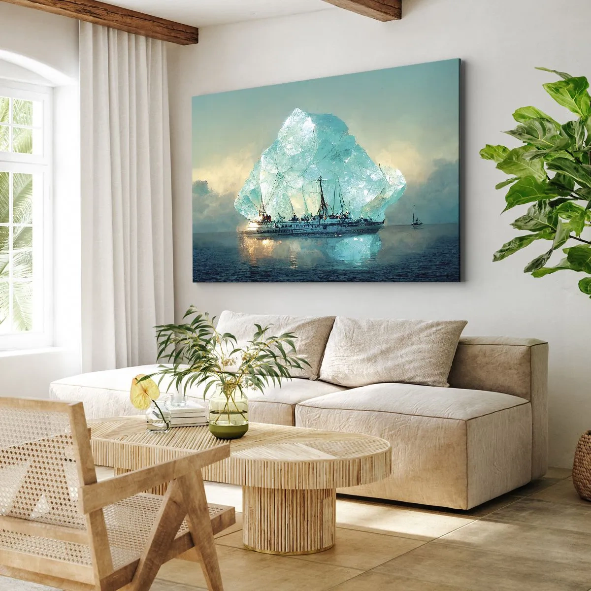Impression sur toile - Image sur toile - Un navire avec un iceberg majestueux en arrière-plan - 120x80cm - Diamant arctique - Décoration murale moderne pour le salon et la chambre ARTTOR