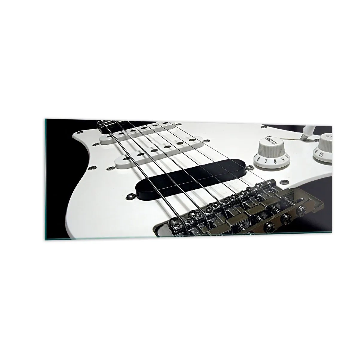 Impression sur verre - Image sur verre - Gros plan d'une guitare électrique blanche sur fond noir. - 140x50cm - Son caché en blanc - Décoration murale moderne pour le salon et la chambre ARTTOR
