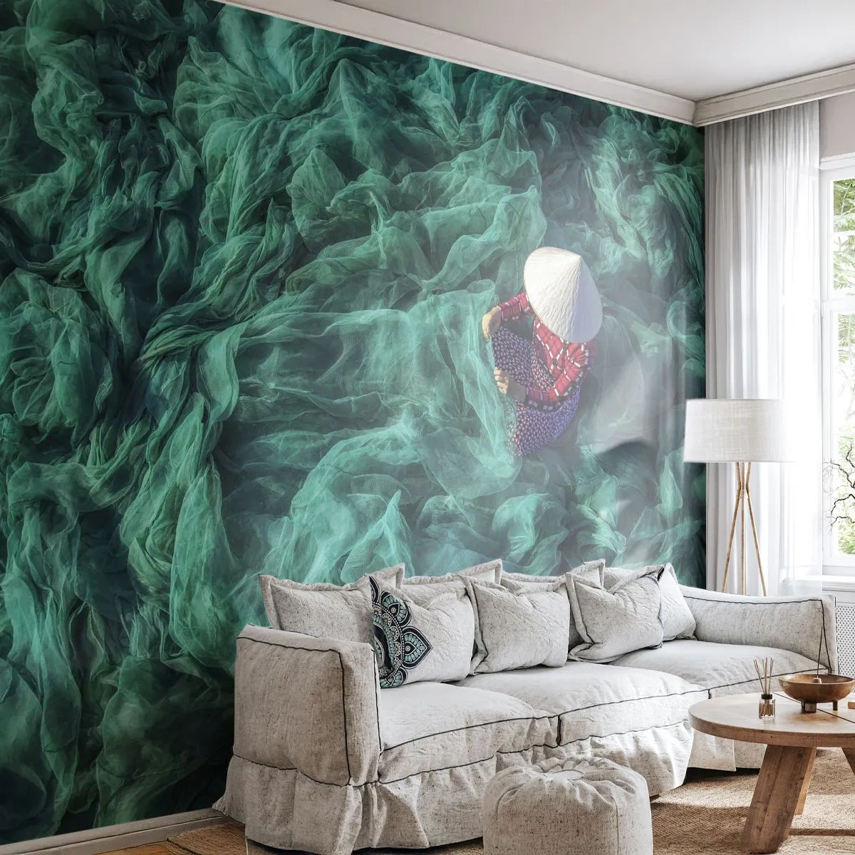 Papier Peint Photo Standard Eco - Tisserand vietnamien traditionnel dans des filets de pêche verts - 100x70cm - Dans une mer de filet - Décoration murale moderne pour le salon et la chambre ARTTOR