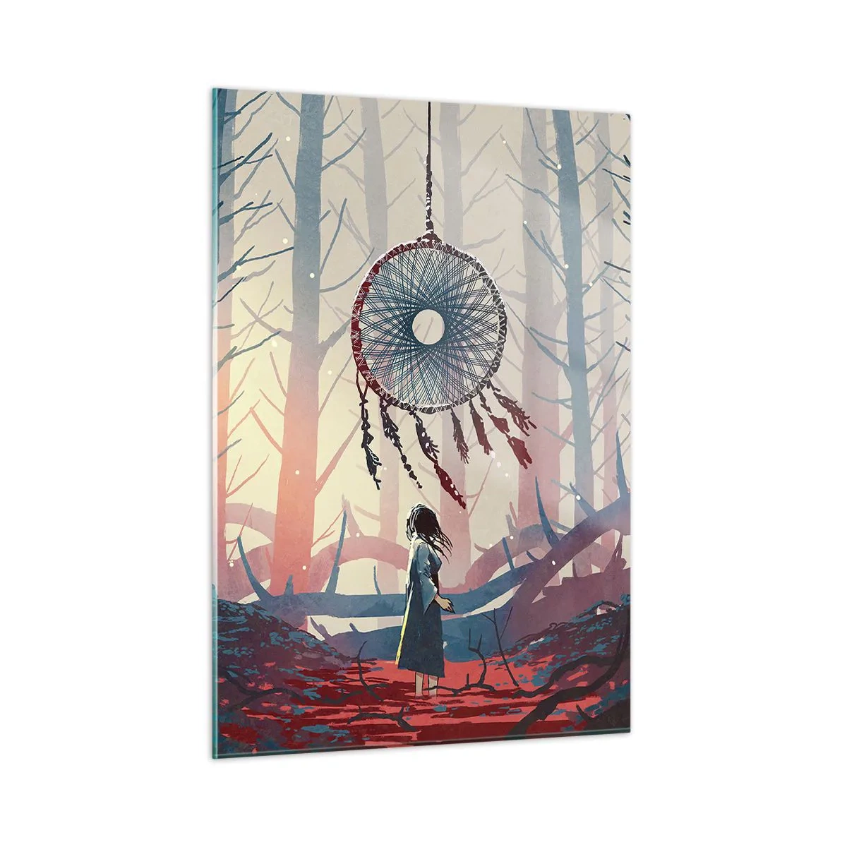 Impression sur verre - Image sur verre - Une silhouette dans la forêt regarde un grand attrape-rêves flottant dans les airs. - 50x70cm - Rituel secret du bonheur - Décoration murale moderne pour le salon et la chambre ARTTOR