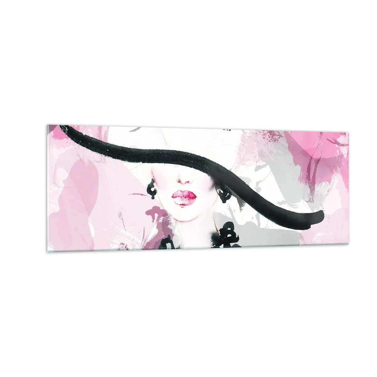Impression sur verre - Image sur verre - Une femme élégante avec un chapeau sur un fond d'abstractions roses. - 140x50cm - Portrait d'une dame en noir et rose - Décoration murale moderne pour le salon et la chambre ARTTOR