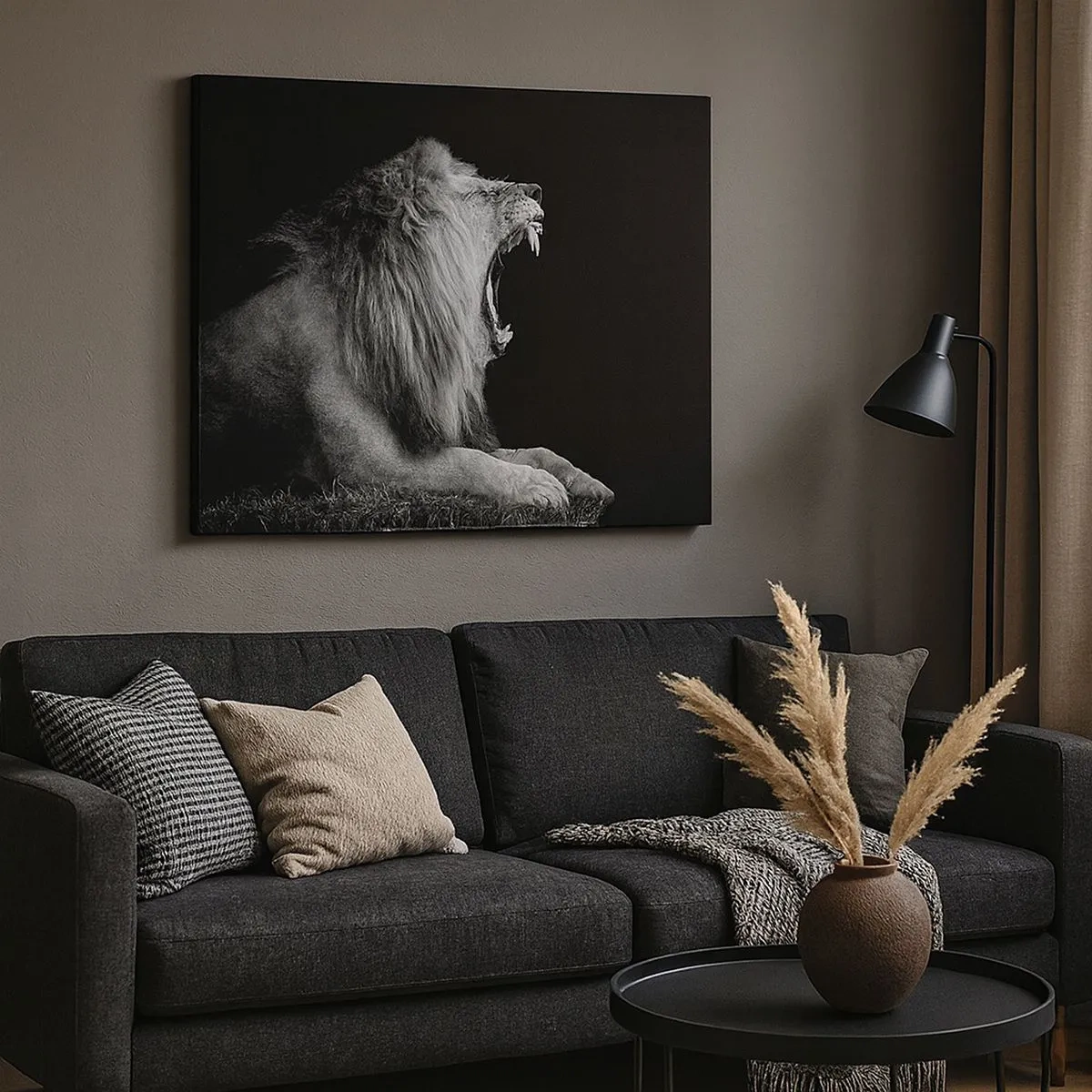 Impression sur toile - Image sur toile - Un lion rugissant sur fond noir dans des tons noir et blanc - 70x50cm - Sans aucun doute - Décoration murale moderne pour le salon et la chambre ARTTOR