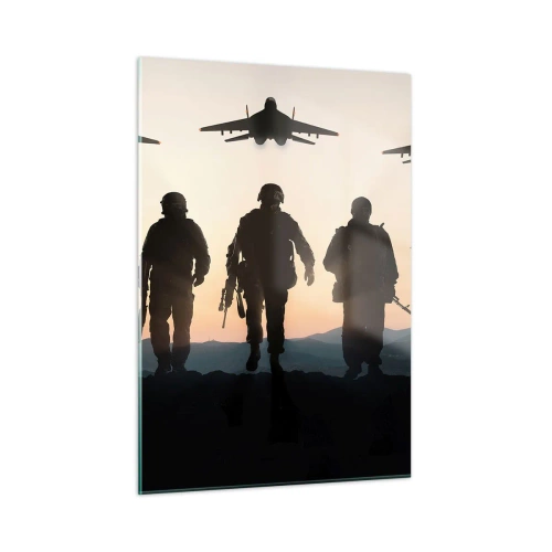 Impression sur verre - Image sur verre - Soldats sur fond de soleil couchant et de jets - 50x70cm - Bienvenue dans notre monde - Décoration murale moderne pour le salon et la chambre ARTTOR