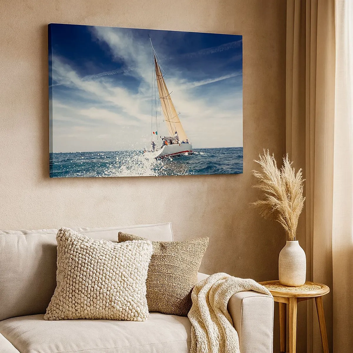 Impression sur toile - Image sur toile - Un voilier sur une mer agitée sous un ciel bleu - 70x50cm - Ils ne nous rattraperont pas ! - Décoration murale moderne pour le salon et la chambre ARTTOR
