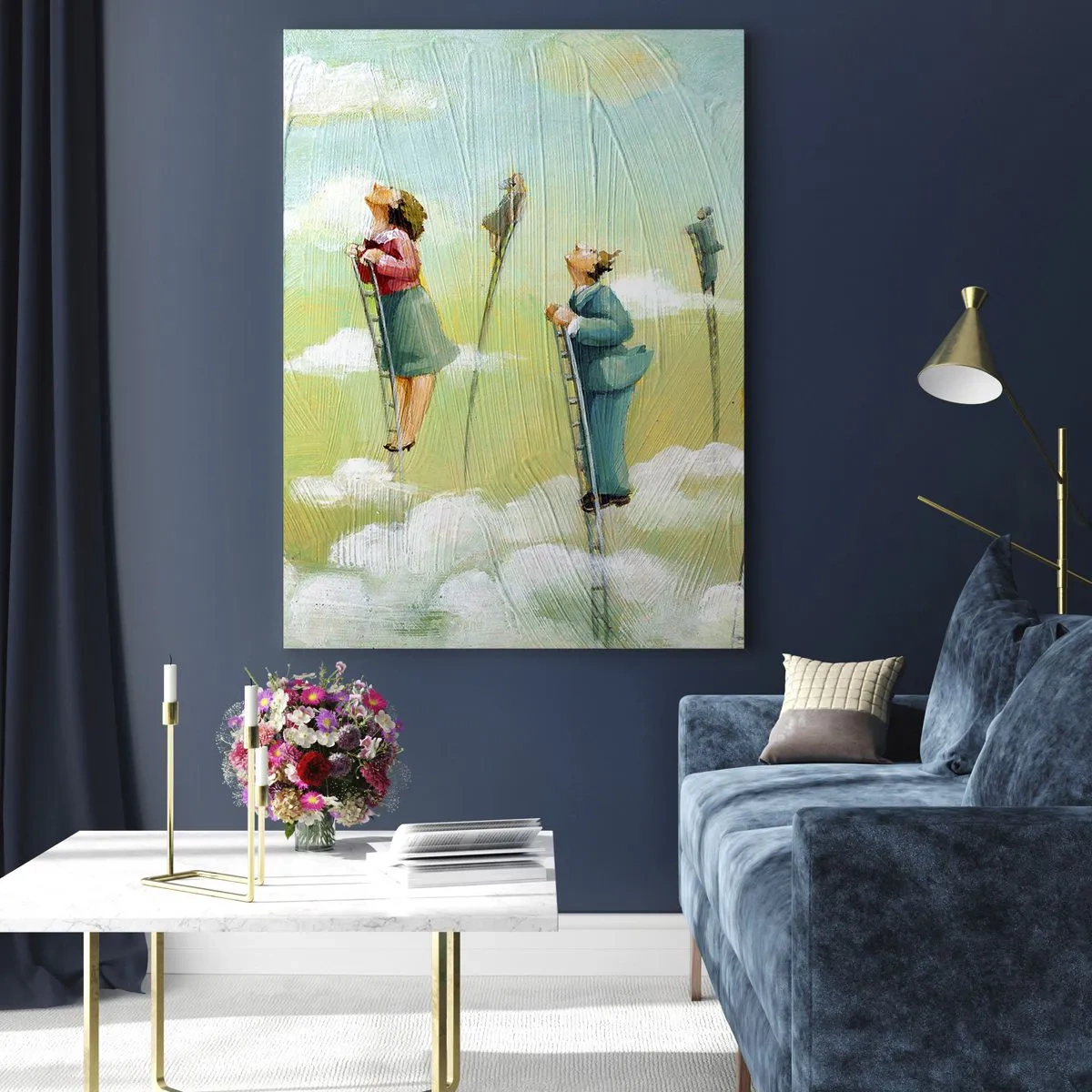 Impression sur verre - Image sur verre - Personnages grimpant sur des échelles parmi des nuages sur un fond pastel. - 80x120cm - Derrière ton rêve - Décoration murale moderne pour le salon et la chambre ARTTOR