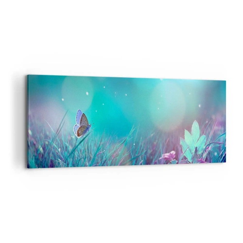 Impression sur toile - Image sur toile - Un papillon sur l'herbe à la lumière de reflets flous - 120x50cm - La vie secrète de la prairie - Décoration murale moderne pour le salon et la chambre ARTTOR