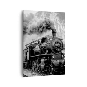 Impression sur toile - Image sur toile - Une locomotive à vapeur noire et blanche sur fond de paysage de montagne - 50x70cm - Attend à la gare... - Décoration murale moderne pour le salon et la chambre ARTTOR