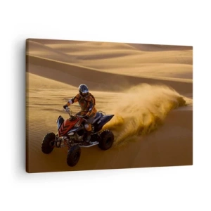 Impression sur toile - Image sur toile - Un motocycliste sur un quad traversant à toute vitesse les dunes de sable du désert - 70x50cm - Sur les vagues de sable - Décoration murale moderne pour le salon et la chambre ARTTOR