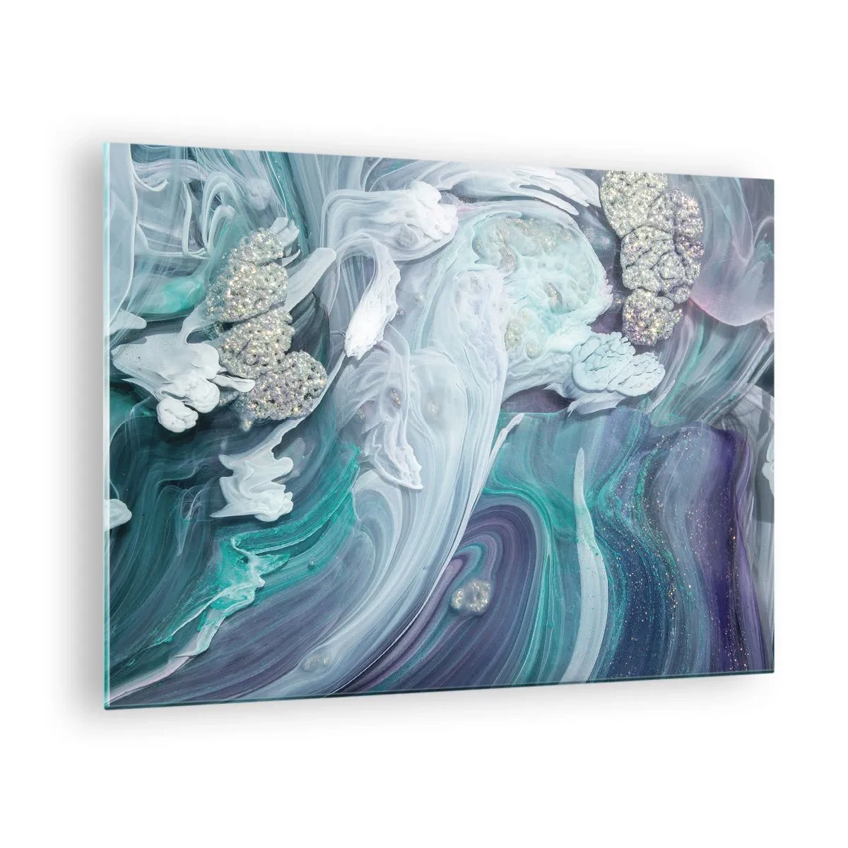 Impression sur verre - Image sur verre - Une composition abstraite dans des tons de bleu, violet et blanc. - 70x50cm - Courants bleus - Décoration murale moderne pour le salon et la chambre ARTTOR