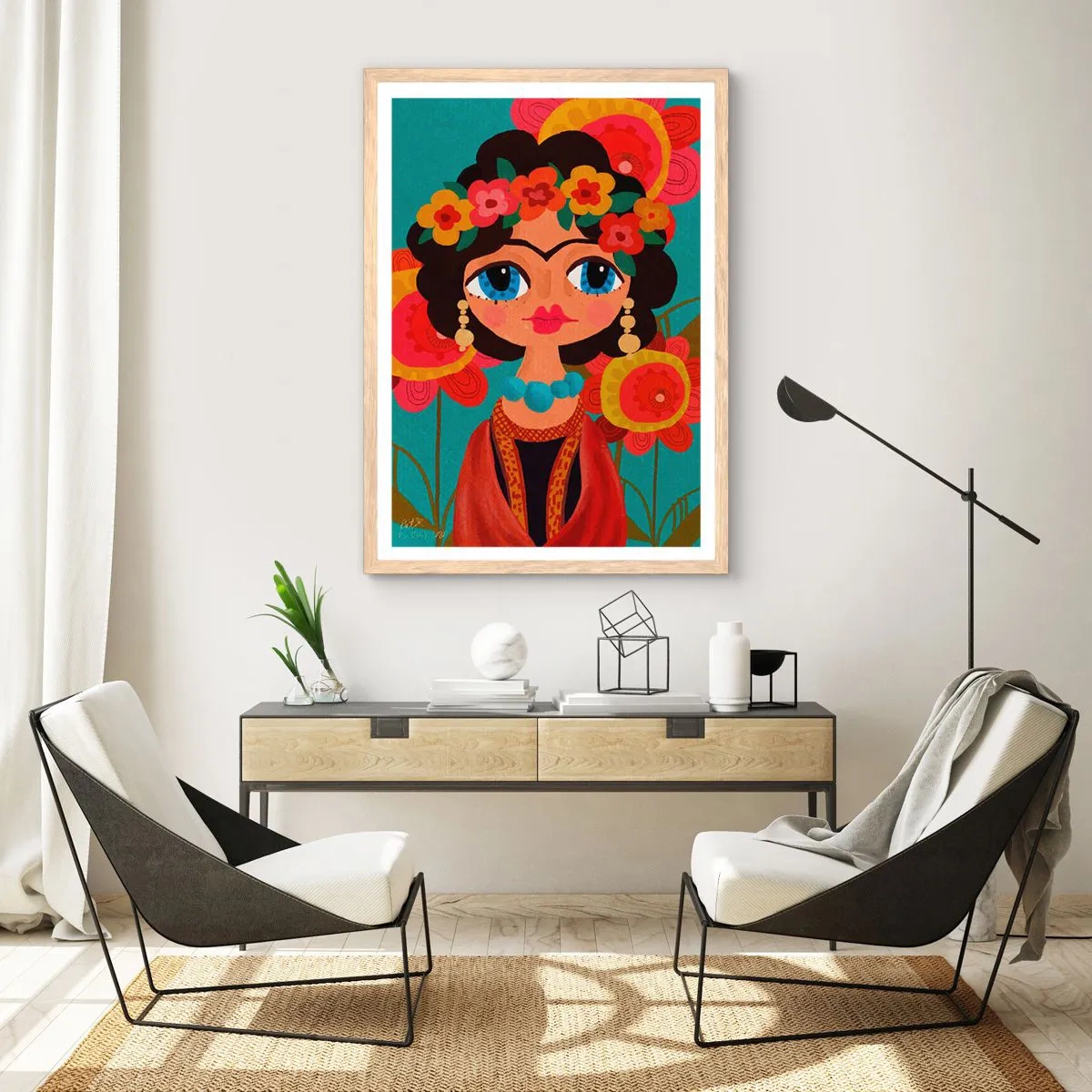 Affiche dans un chêne clair - Poster - Mademoiselle coquelicot - 30x40 cm