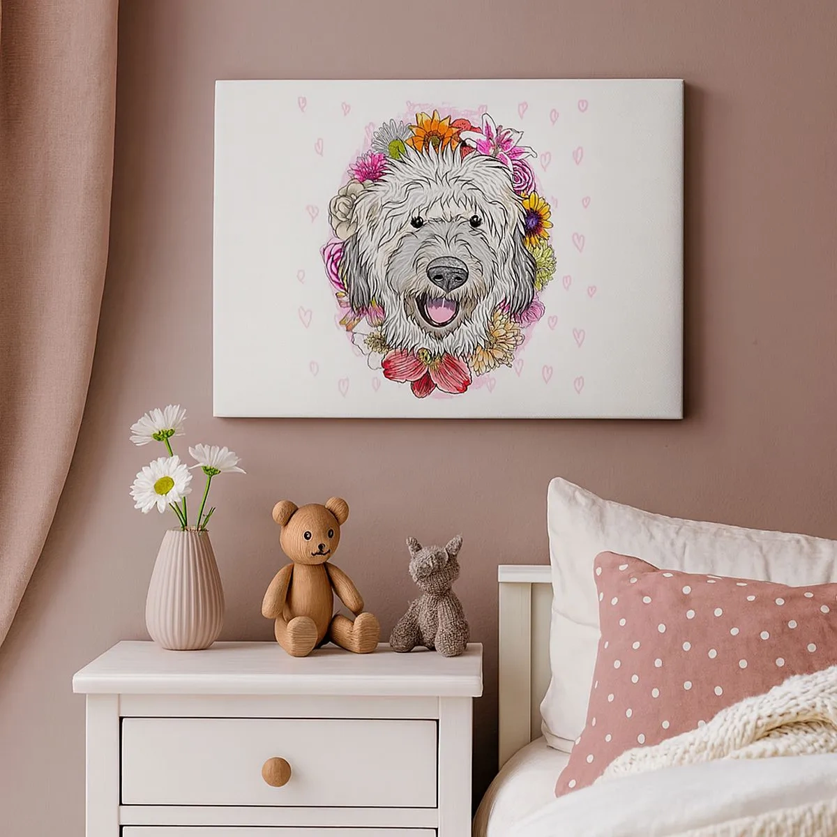 Impression sur toile - Image sur toile - Un chien entouré de fleurs colorées - 70x50cm - La joie du chiot - Décoration murale moderne pour le salon et la chambre ARTTOR
