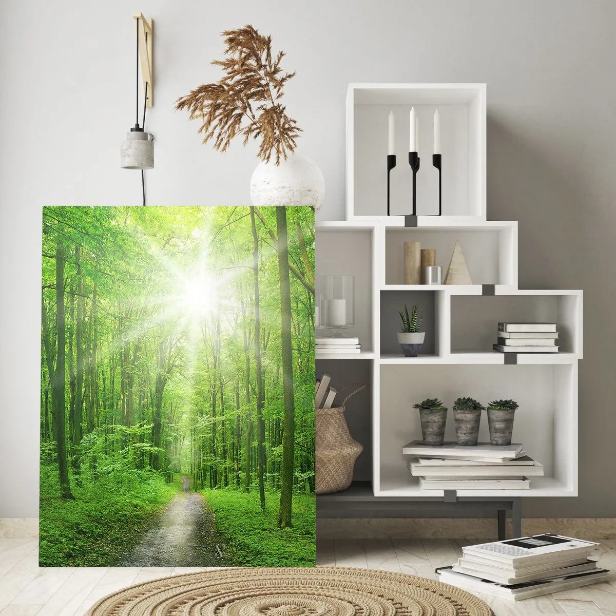 Impression sur verre - Image sur verre - Chemin dans la forêt avec les rayons du soleil - 70x100cm - Cathédrale verte - Décoration murale moderne pour le salon et la chambre ARTTOR