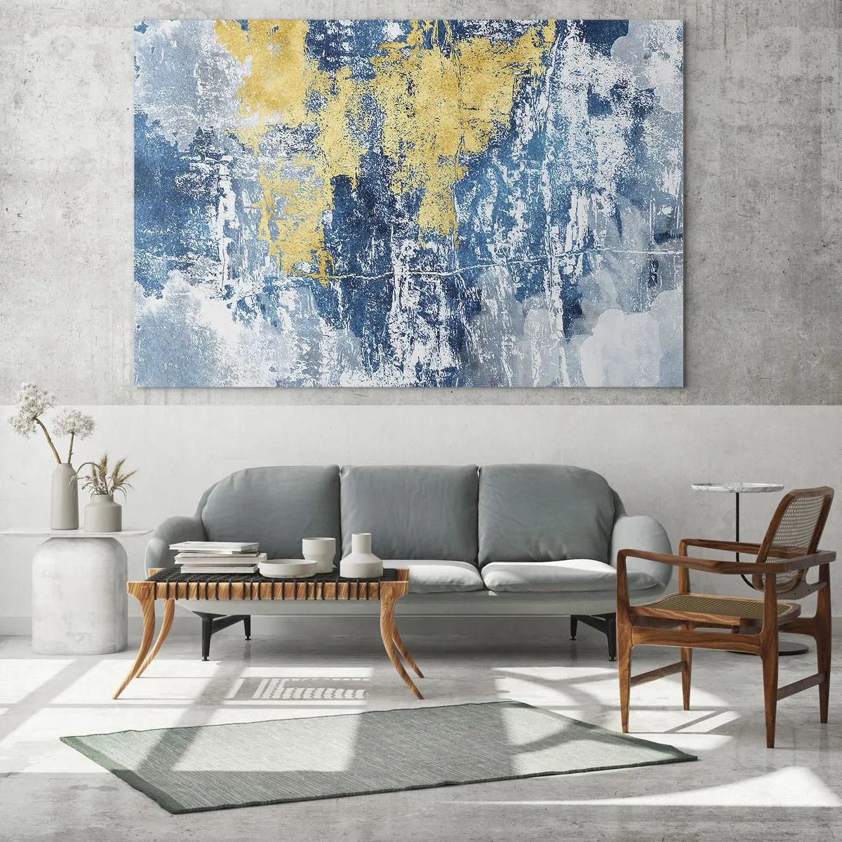 Impression sur verre - Image sur verre - Abstraction bleue et jaune avec un effet vieilli et texturé - 120x80cm - Abstraction du temps - Décoration murale moderne pour le salon et la chambre ARTTOR